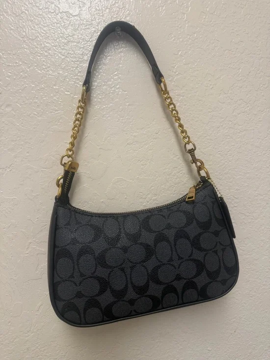 COACH Black Signature Small Shoulder Bag with Gold Chain - Picture 2 of 5